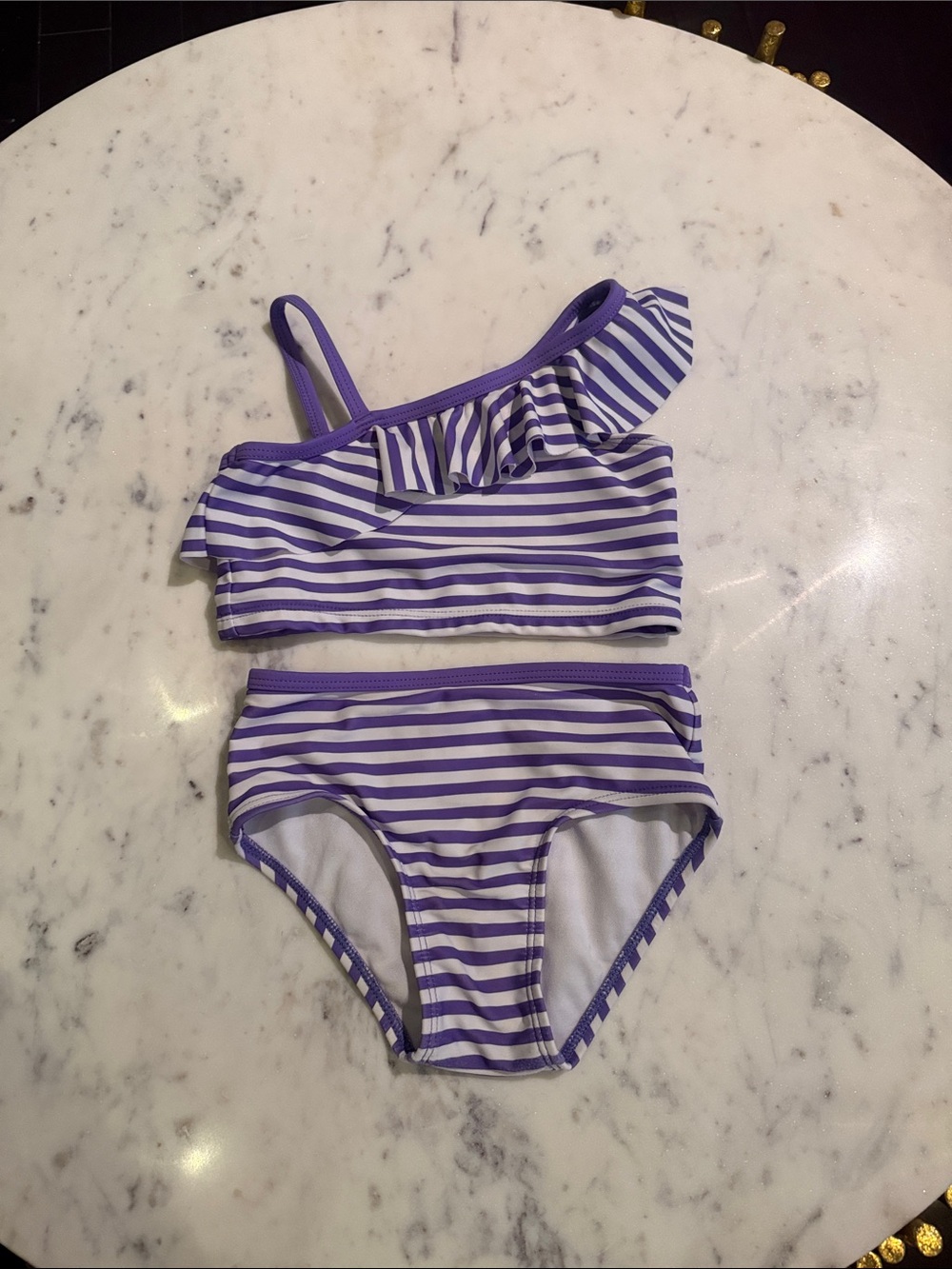 Girls' One-Shoulder Purple Stripe Ruffle Bikini Set